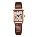 Montre à quartz GEDI vintage élégante pour femme, rectangulaire, bracelet en cuir brun - Boîtier Or Rose Cadran Rose Bracelet Café
