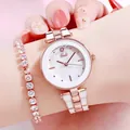 Elegant GEDI rose gold and white steel band quartz watch with matching crystal bracelet - Rose Gold Case White Dial