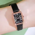 Élégante montre à quartz GEDI pour femme avec bracelet en cuir noir et boîtier rectangulaire - Boîtier Or Rose Cadran Noir Bracelet Noir