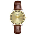 GEDI minimalist brown leather quartz watch with date window and golden sunray dial - Men's Two-Tone Case Gold Dial Brown Strap (21015 Leather)
