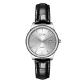 GEDI minimalist quartz watch with black leather strap and date display for lovers - Women's Silver Case White Dial Black Strap (21015 Leather) / Dial Diameter 28mm