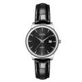 Elegant Gedi quartz watch with a black leather strap and integrated date display feature - Women's Silver Case Black Dial Black Strap (21015 Leather) / Dial Diameter 28mm