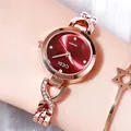 Elegante GEDI Damen Quarzuhr in Roségold mit rotem Zifferblatt und Strasssteinen - Roségold-Gehäuse Rotes Zifferblatt Roségold-Armband