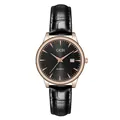 GEDI elegant quartz watch featuring a black leather strap and date display on a black dial - Women's Rose Gold Case Black Dial Black Strap (21015 Leather)