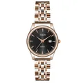 Classic rose gold stainless steel band watch with black dial and calendar date window - Women's Rose Gold Case Black Dial