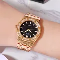 Rose gold women's watch with black checkered dial and sparkling rhinestone bezel - Gold Case Black Dial