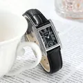 Vintage GEDI rectangular quartz watch with black leather strap and crystal accents - Silver Case Black Dial Black Strap