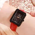 GEDI elegant square rhinestone watch for women with red crocodile pattern leather strap - Red Strap Black Case Black Dial