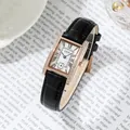 Elegant retro rectangular quartz watch with black leather strap and crystal bezel. - Rose Gold Case White Dial Black Strap