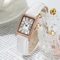 Elegant GEDI women's rectangular quartz watch with white leather strap and crystal bezel - Rose Gold Case White Dial White Strap