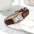 Vintage square women's quartz watch with brown leather strap and crystal bezel - Rose Gold Case White Dial Coffee Strap
