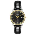 GEDI minimalist quartz watch with black leather strap and gold-rimmed calendar dial - Men's Two-Tone Case Black Dial Black Strap (21015 Leather)