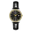 Elegant GEDI quartz watch featuring black leather strap gold-tone bezel and date display - Women's Two-Tone Case Black Dial Black Strap (21015 Leather)