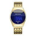 Montre homme luxe or à écran tactile LED avec cadran bleu rond et bracelet métallique - Or Bleu
