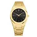 Reloj Bestwin para hombre de acero inoxidable dorado con esfera negra y bisel octogonal - Dorado Negro