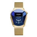 Luxe heren quartz horloge met gouden mesh band en blauwe geometrische cobra wijzerplaat - Goud Blauw Milanese Mesh Band