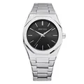 Reloj de cuarzo Bestwin para hombre con caja octogonal plateada y esfera negra - Blanco Negro
