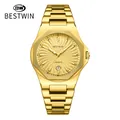 Luxury gold men's quartz watch featuring a textured sunray dial and stainless steel band - Gold