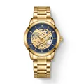 Montre à quartz luxe pour homme dorée avec cadran squelette bleu et bracelet en acier - Or/Bleu