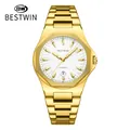 Men's elegant gold stainless steel business quartz watch with white ripple textured dial - Gold White