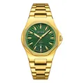 Luxury men's quartz watch in gold finish featuring a textured green dial and steel strap - Gold Green