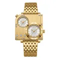 Montre quartz BESTWIN pour homme, dorée, carrée, double fuseau horaire, bracelet en acier - Or Blanc