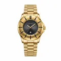 Luxury gold-tone stainless steel men's quartz watch with textured bezel and black dial - Gold Black