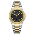 Luxury men's quartz watch with gold-silver stainless steel strap and black dial - Black and White