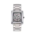 Elegant silver rectangular skeleton quartz watch for men with a durable stainless steel band - Silver White