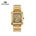 BESTWIN luxury men's square quartz watch with gold skeleton dial and waterproof design - All Gold