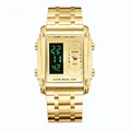 Luxury gold square dual display men's watch featuring green LED and quartz movement - All Gold