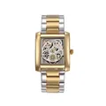 BESTWIN men's rectangular skeleton quartz watch with gold and silver two-tone steel strap - Two-tone White