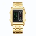 Luxury golden square men's dual display watch featuring LED light and quartz movement - Gold Black
