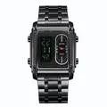 BESTWIN fashion square men's dual display watch in all-black stainless steel with green LED - All Black