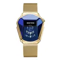 BESTWIN Men's Rhombus Quartz Watch with Gold Mesh Strap and Blue Crystal Face - Gold Blue Mesh Band