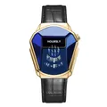 Hoursly heren quartz horloge, gouden slangenkop, blauw glas, zwarte leren band - Goud Blauw Leren Band