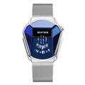 BESTWIN men's diamond-shaped quartz watch with blue glass and silver mesh strap - Silver Blue Mesh Band