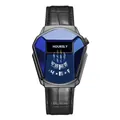 Hoursly heren quartz horloge slangenkop model met blauw kristal en zwart lederen band - Zwart Blauw Leren Band