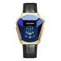 Luxurious BESTWIN men's quartz watch with gold geometric case and black leather strap - Gold Case Blue Dial Leather
