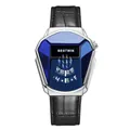 BESTWIN men's quartz watch with unique diamond-shaped blue crystal and black leather strap - Silver Case Blue Dial Leather