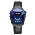 Luxury diamond-shaped men's quartz watch with deep blue dial and black leather strap - Black Case Blue Dial Leather