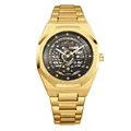 Montre à quartz luxe BESTWIN pour hommes, cadran squelette doré et lunette octogonale - Bracelet Doré (Cadran Noir)