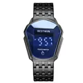 BESTWIN men's LED touch watch with blue digital display and black metal faceted case - Stainless Steel Strap Style (6616LED) / Black & Blue