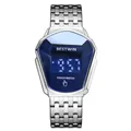 BESTWIN Men's Silver Stainless Steel LED Digital Touch Watch with Blue Polygon Face - Stainless Steel Strap Style (6616LED) / Silver Blue