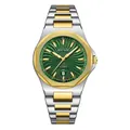 Premium men's business quartz watch with a green textured dial and two-tone steel band - Green and White