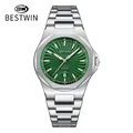 Men's business quartz wrist watch with textured green dial and silver steel strap - Silver Green