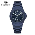 Men's blue business quartz watch with steel band and wavy dial texture - Blue
