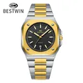 Πολυτελές ανδρικό ρολόι BESTWIN quartz με δίχρωμο χρυσό και ασημί μπρασελέ - Δίχρωμο Μαύρο