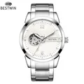 Luxury silver automatic mechanical watch for men featuring a white skeleton dial and steel strap - Silver Case White Dial