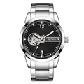 Men's automatic mechanical watch with skeleton dial and silver stainless steel strap - Silver Case Black Dial
